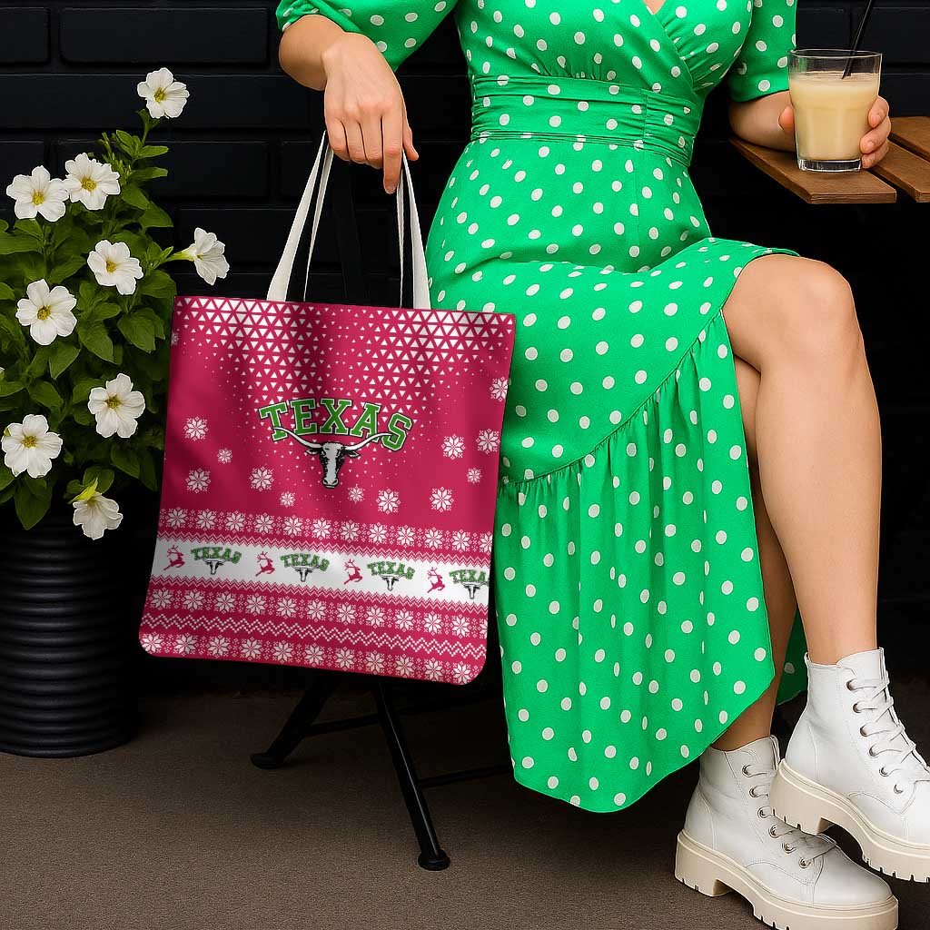 Texas Christmas Tote Bag with Red and White Snowflake Pattern Longhorn Skull and Christmas Cactus Motif - Wonder Print Shop