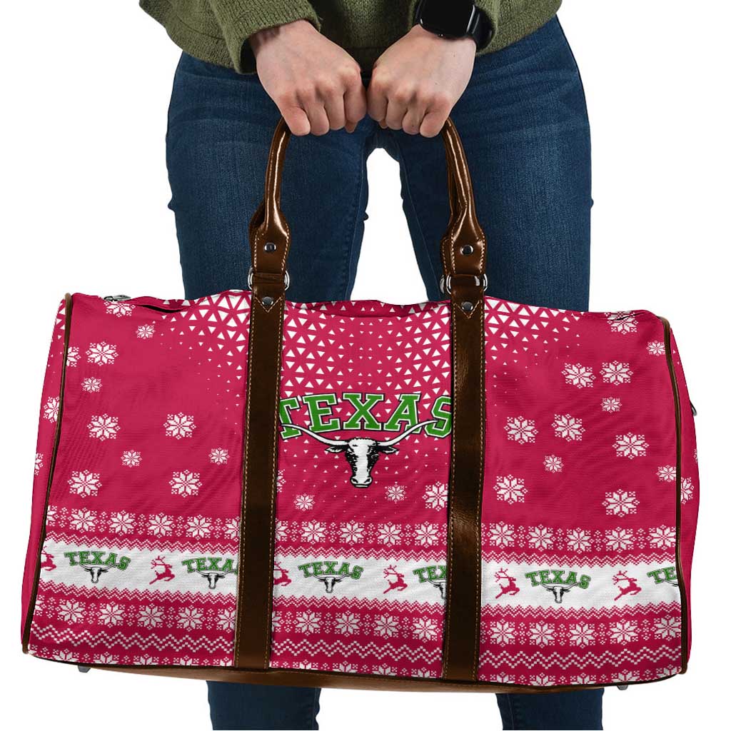 Texas Christmas Travel Bag with Red and White Snowflake Pattern Longhorn Skull and Christmas Cactus Motif - Wonder Print Shop