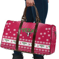 Texas Christmas Travel Bag with Red and White Snowflake Pattern Longhorn Skull and Christmas Cactus Motif - Wonder Print Shop