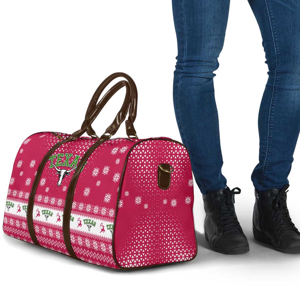 Texas Christmas Travel Bag with Red and White Snowflake Pattern Longhorn Skull and Christmas Cactus Motif - Wonder Print Shop