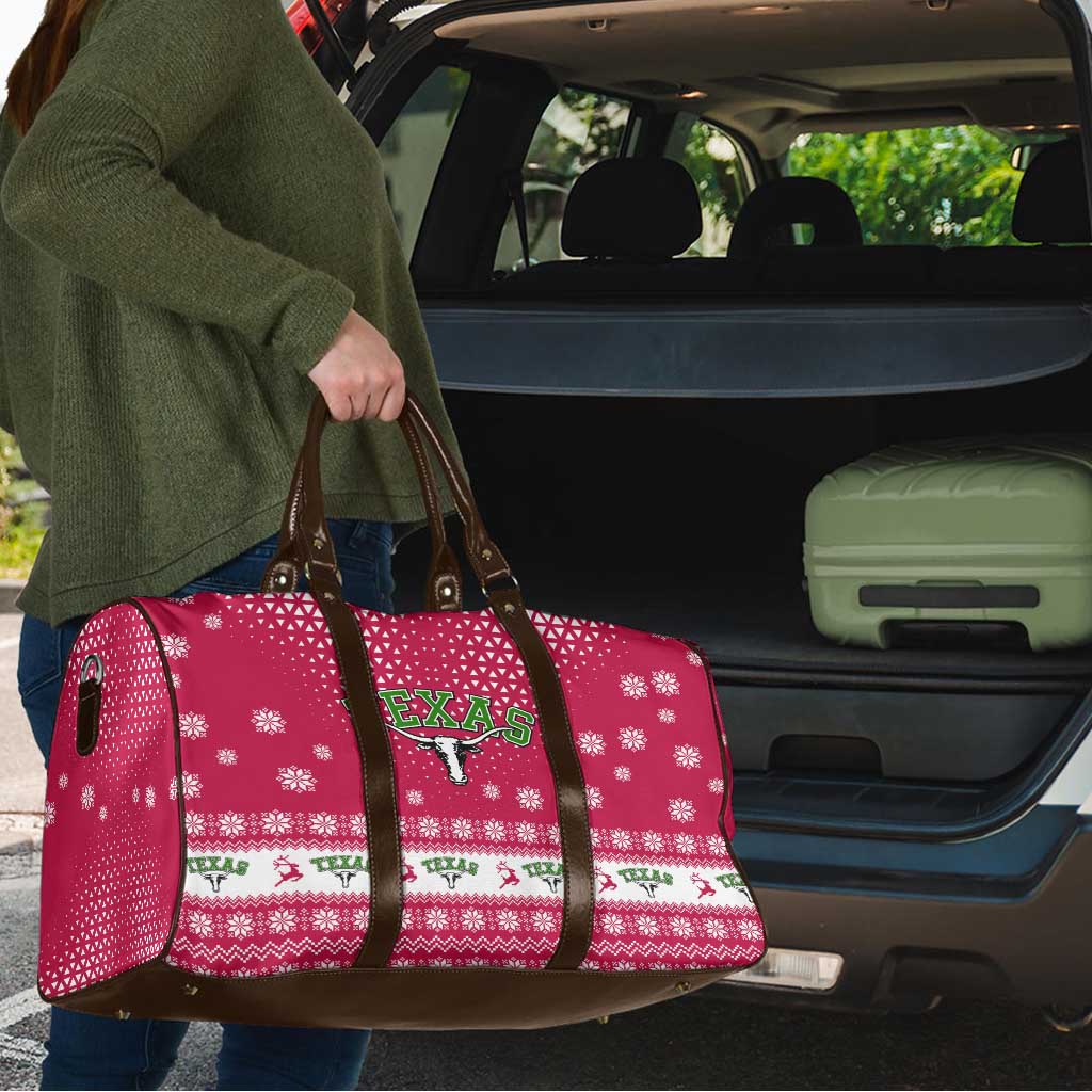 Texas Christmas Travel Bag with Red and White Snowflake Pattern Longhorn Skull and Christmas Cactus Motif - Wonder Print Shop
