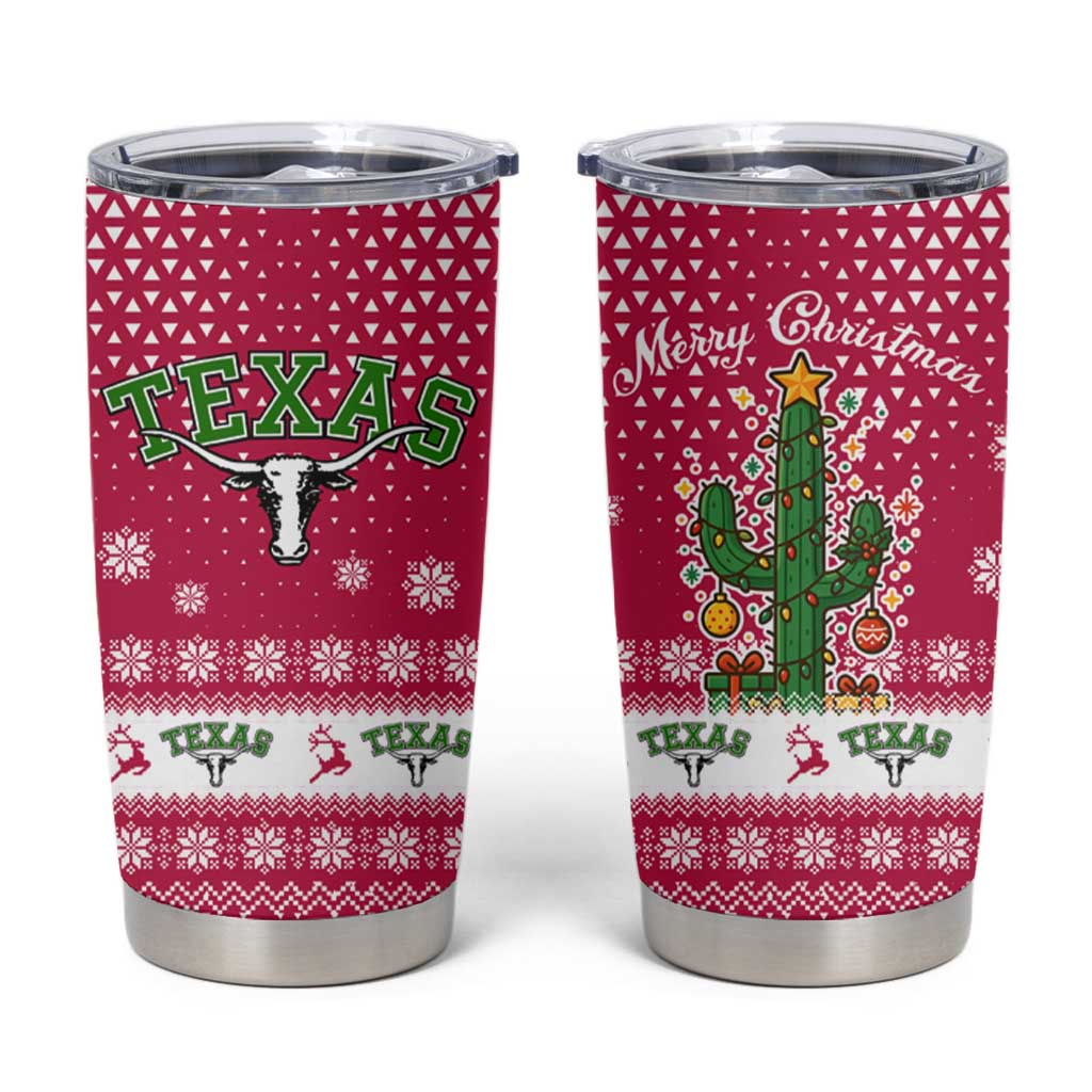 Texas Christmas Tumbler Cup with Red and White Snowflake Pattern Longhorn Skull and Christmas Cactus Motif - Wonder Print Shop