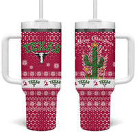 Texas Christmas Tumbler With Handle with Red and White Snowflake Pattern Longhorn Skull and Christmas Cactus Motif - Wonder Print Shop