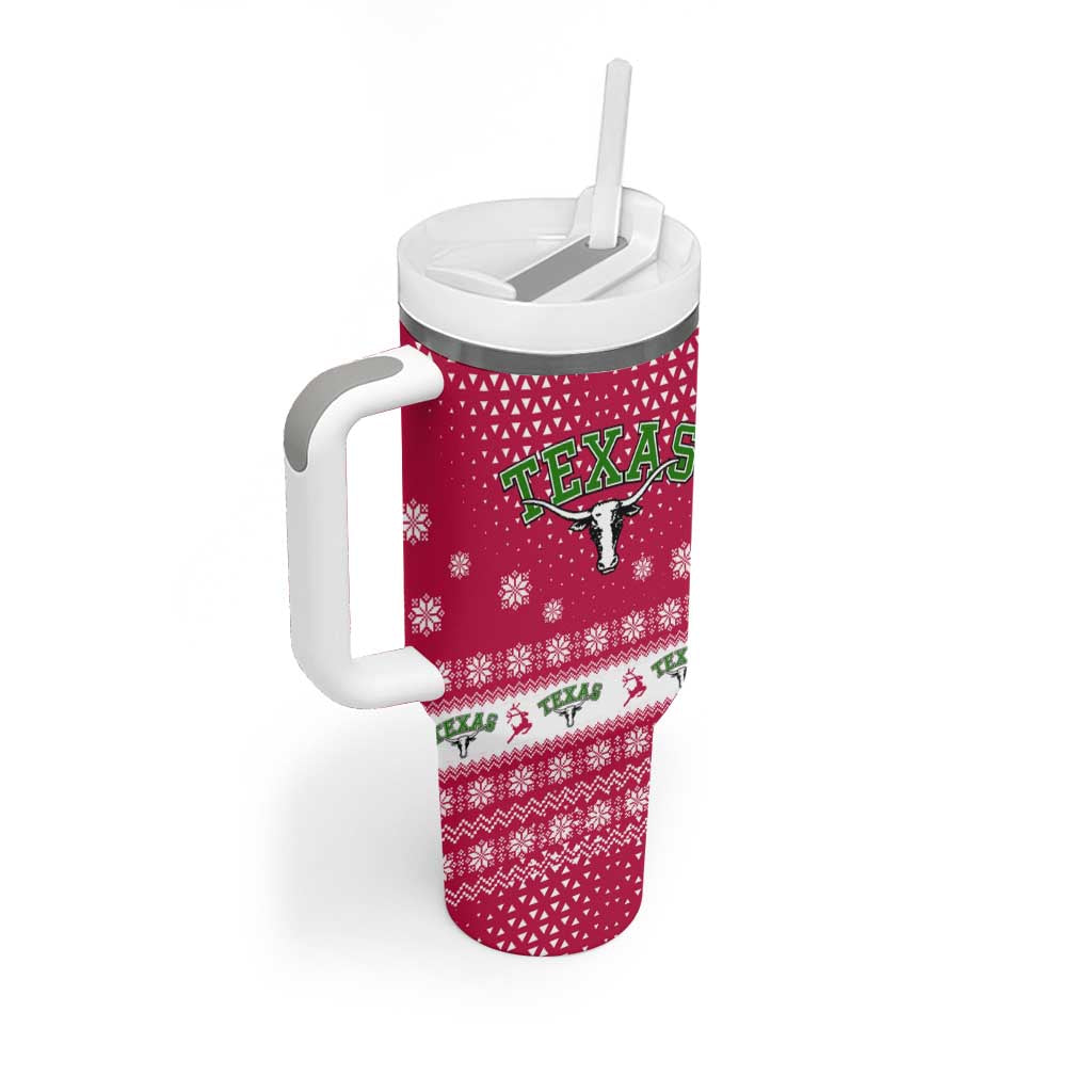 Texas Christmas Tumbler With Handle with Red and White Snowflake Pattern Longhorn Skull and Christmas Cactus Motif - Wonder Print Shop