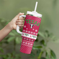 Texas Christmas Tumbler With Handle with Red and White Snowflake Pattern Longhorn Skull and Christmas Cactus Motif - Wonder Print Shop