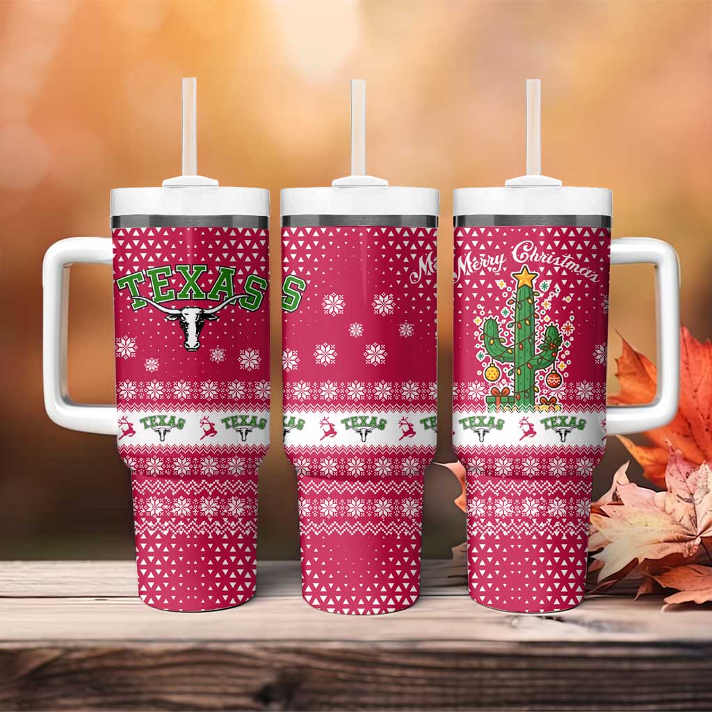Texas Christmas Tumbler With Handle with Red and White Snowflake Pattern Longhorn Skull and Christmas Cactus Motif - Wonder Print Shop