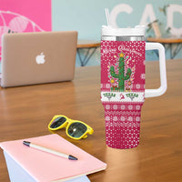 Texas Christmas Tumbler With Handle with Red and White Snowflake Pattern Longhorn Skull and Christmas Cactus Motif - Wonder Print Shop