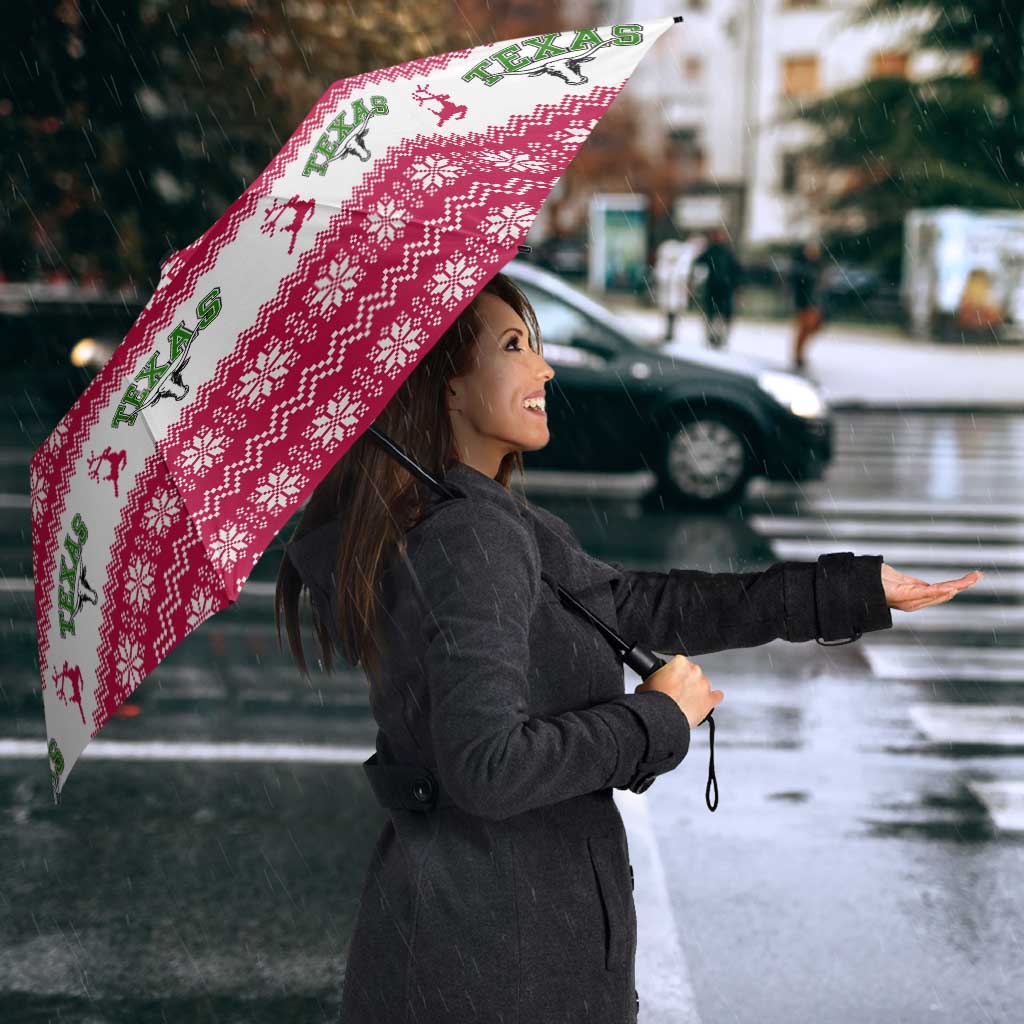 Texas Christmas Umbrella with Red and White Snowflake Pattern Longhorn Skull and Christmas Cactus Motif - Wonder Print Shop
