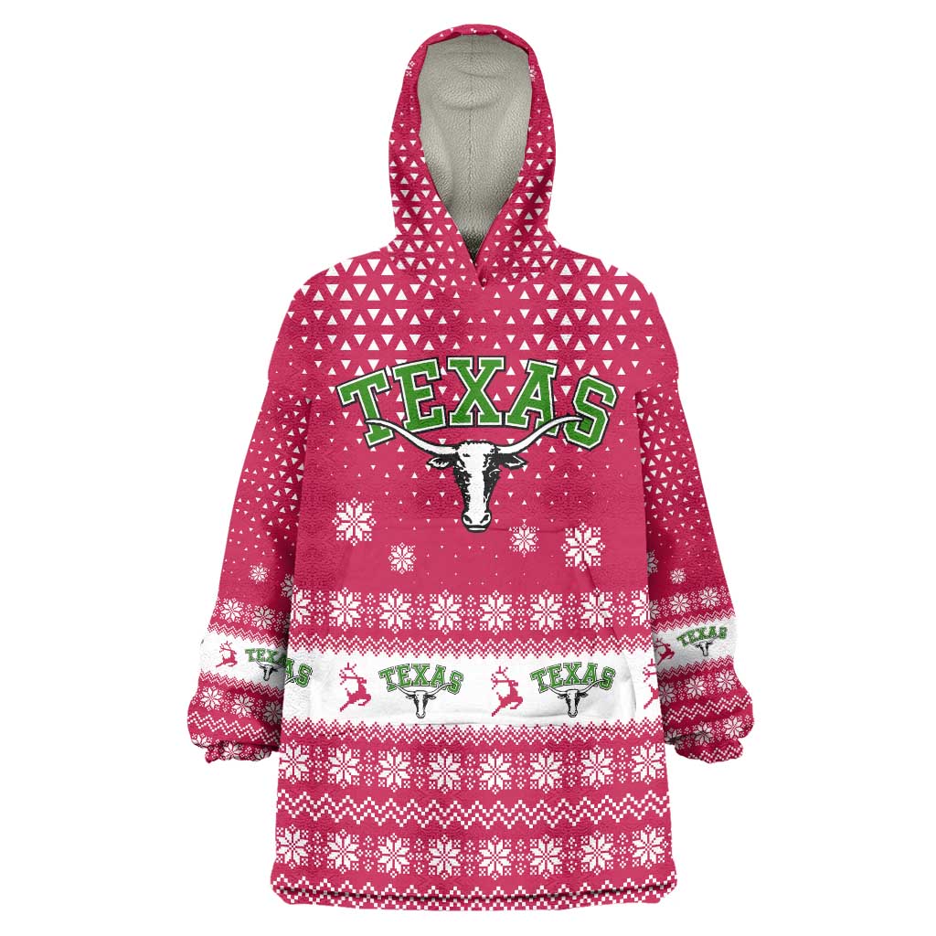 Texas Christmas Wearable Blanket Hoodie with Red and White Snowflake Pattern Longhorn Skull and Christmas Cactus Motif - Wonder Print Shop