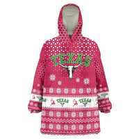 Texas Christmas Wearable Blanket Hoodie with Red and White Snowflake Pattern Longhorn Skull and Christmas Cactus Motif - Wonder Print Shop