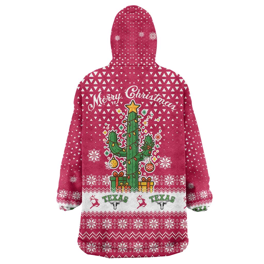 Texas Christmas Wearable Blanket Hoodie with Red and White Snowflake Pattern Longhorn Skull and Christmas Cactus Motif - Wonder Print Shop
