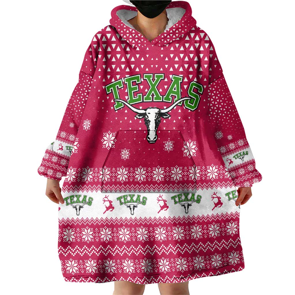 Texas Christmas Wearable Blanket Hoodie with Red and White Snowflake Pattern Longhorn Skull and Christmas Cactus Motif - Wonder Print Shop