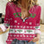 Texas Christmas Women Casual Shirt with Red and White Snowflake Pattern Longhorn Skull and Christmas Cactus Motif - Wonder Print Shop