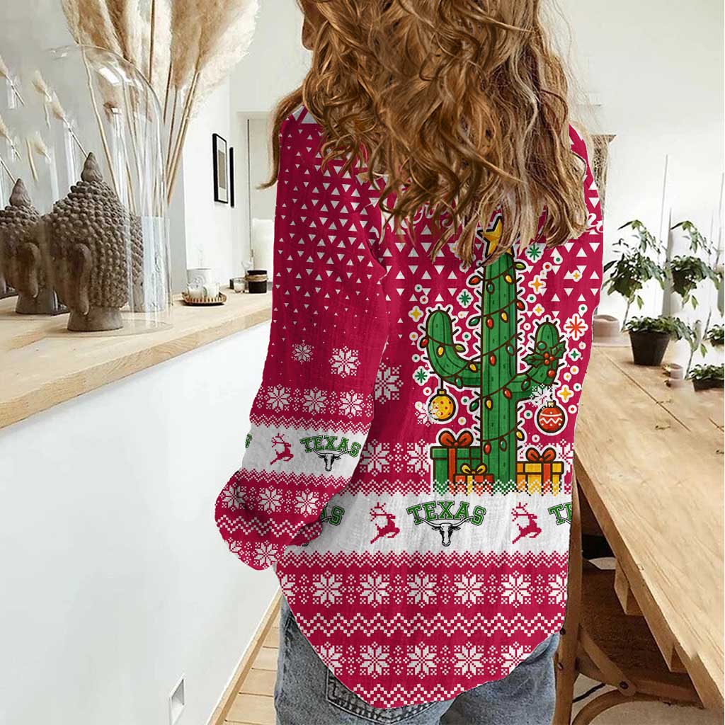 Texas Christmas Women Casual Shirt with Red and White Snowflake Pattern Longhorn Skull and Christmas Cactus Motif - Wonder Print Shop
