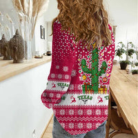 Texas Christmas Women Casual Shirt with Red and White Snowflake Pattern Longhorn Skull and Christmas Cactus Motif - Wonder Print Shop