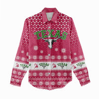 Texas Christmas Women Casual Shirt with Red and White Snowflake Pattern Longhorn Skull and Christmas Cactus Motif - Wonder Print Shop