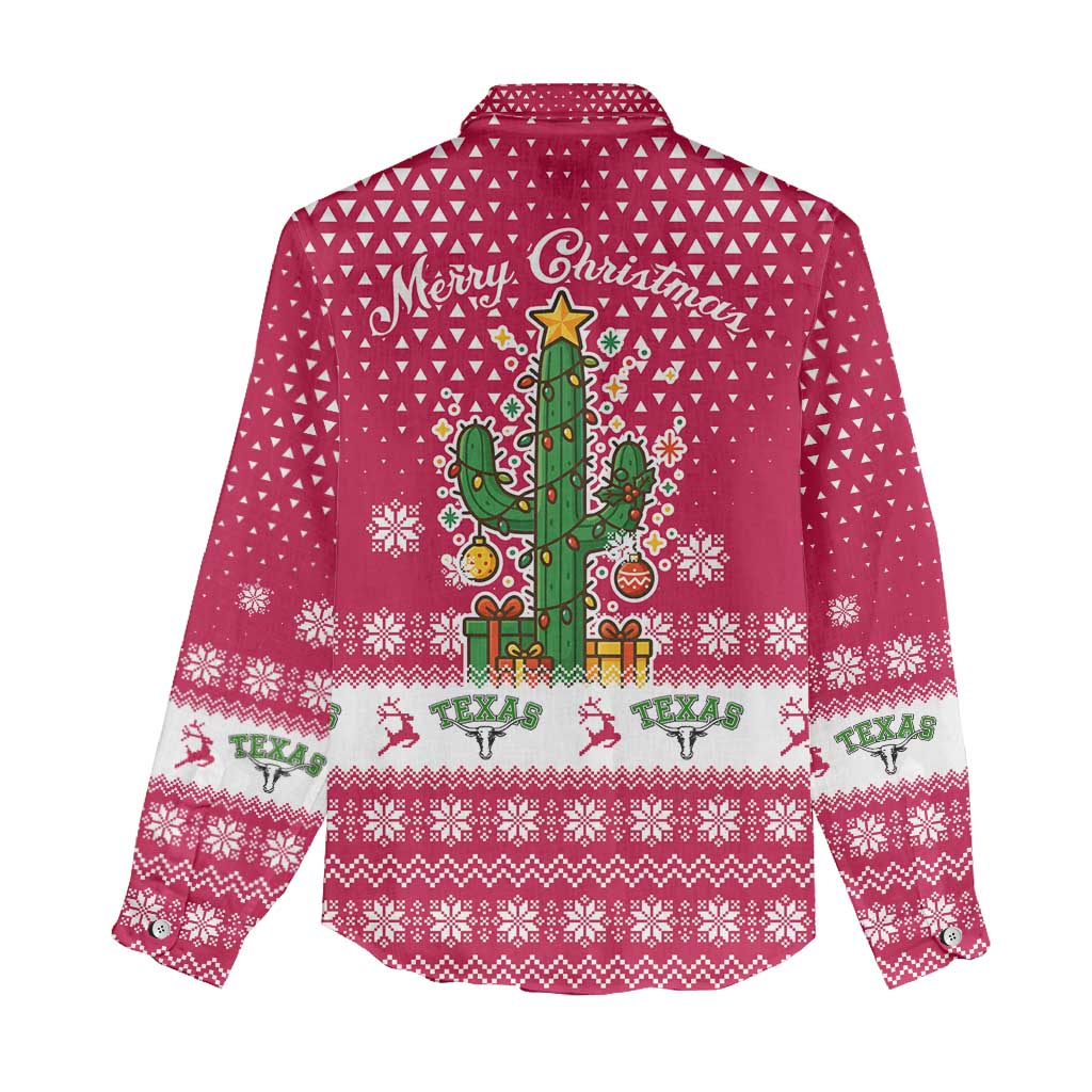 Texas Christmas Women Casual Shirt with Red and White Snowflake Pattern Longhorn Skull and Christmas Cactus Motif - Wonder Print Shop