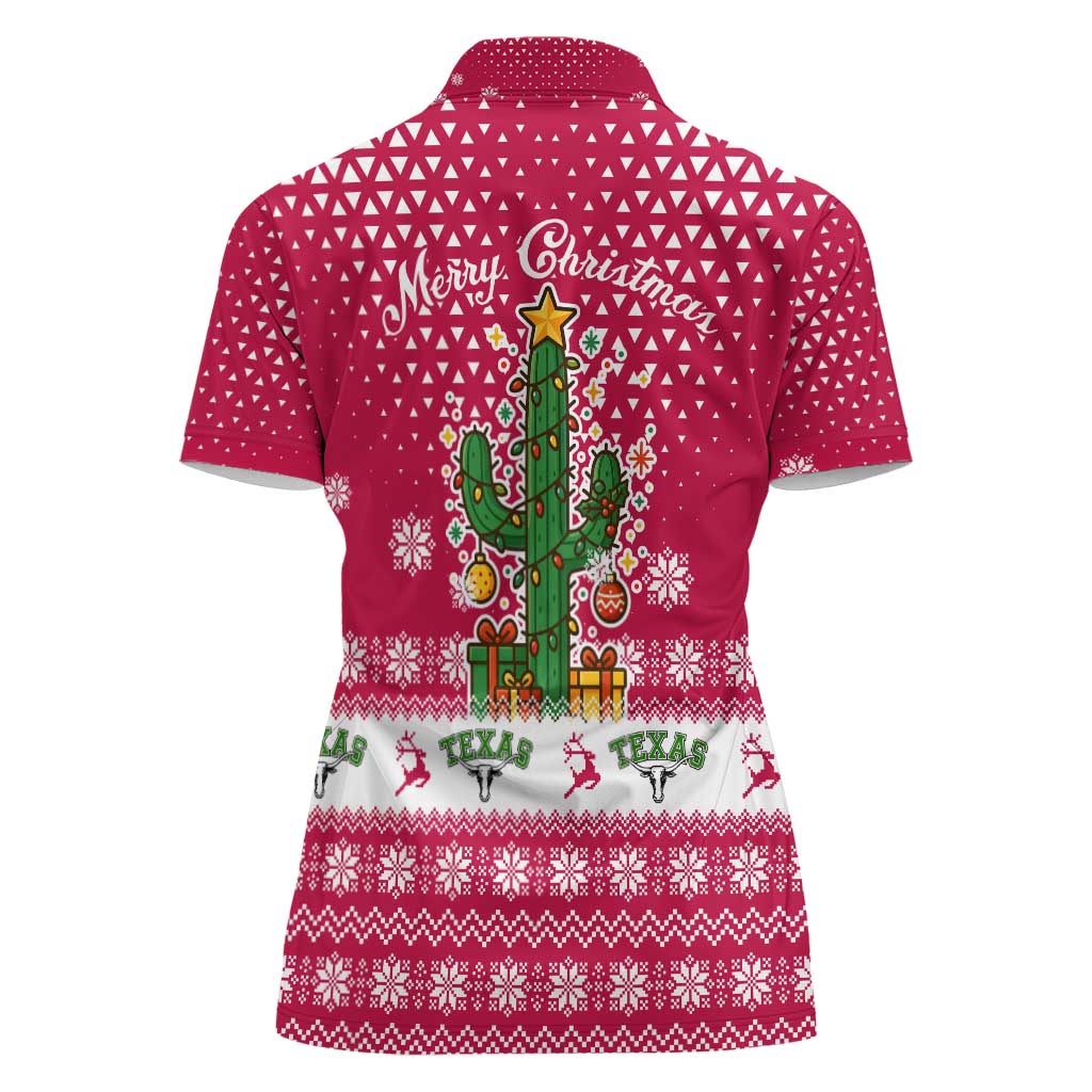 Texas Christmas Women Polo Shirt with Red and White Snowflake Pattern Longhorn Skull and Christmas Cactus Motif - Wonder Print Shop