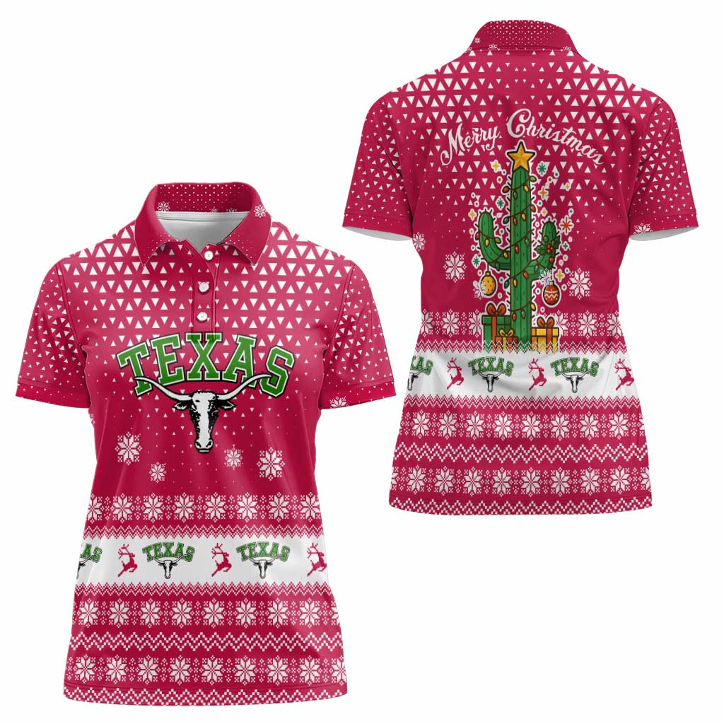 Texas Christmas Women Polo Shirt with Red and White Snowflake Pattern Longhorn Skull and Christmas Cactus Motif - Wonder Print Shop