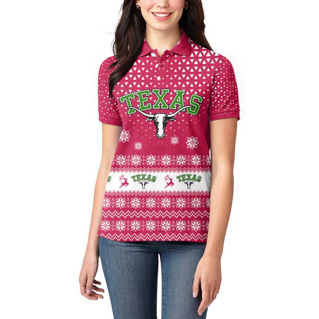 Texas Christmas Women Polo Shirt with Red and White Snowflake Pattern Longhorn Skull and Christmas Cactus Motif - Wonder Print Shop