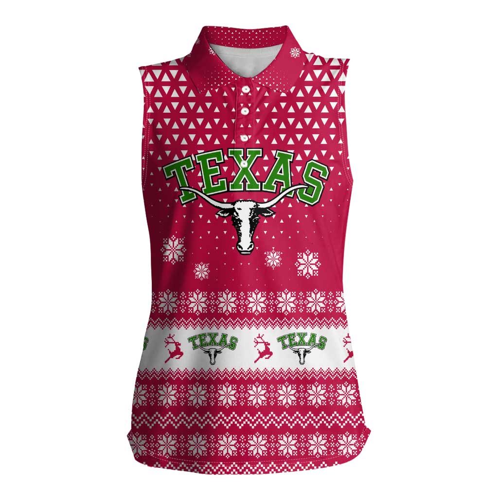 Texas Christmas Women Sleeveless Polo Shirt with Red and White Snowflake Pattern Longhorn Skull and Christmas Cactus Motif - Wonder Print Shop