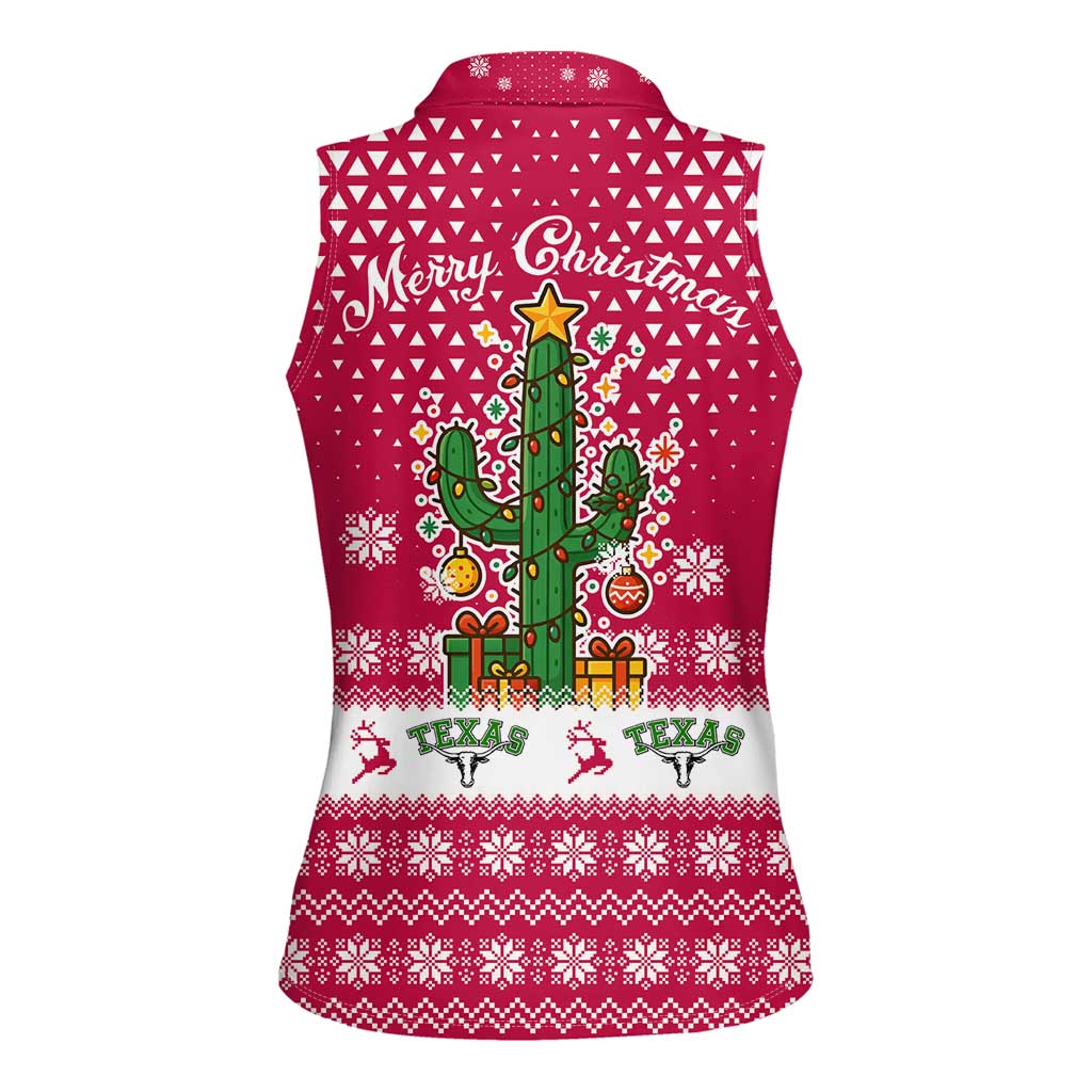 Texas Christmas Women Sleeveless Polo Shirt with Red and White Snowflake Pattern Longhorn Skull and Christmas Cactus Motif - Wonder Print Shop