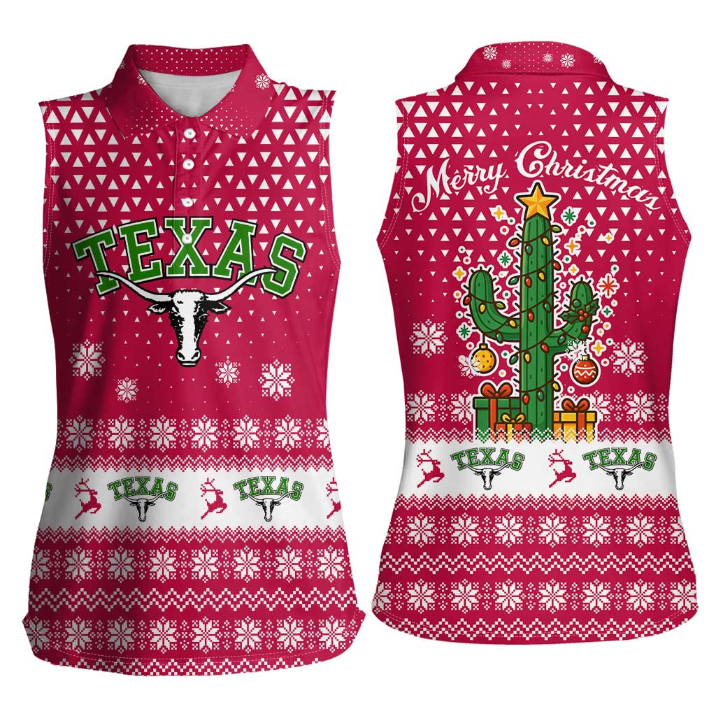 Texas Christmas Women Sleeveless Polo Shirt with Red and White Snowflake Pattern Longhorn Skull and Christmas Cactus Motif - Wonder Print Shop