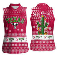 Texas Christmas Women Sleeveless Polo Shirt with Red and White Snowflake Pattern Longhorn Skull and Christmas Cactus Motif - Wonder Print Shop