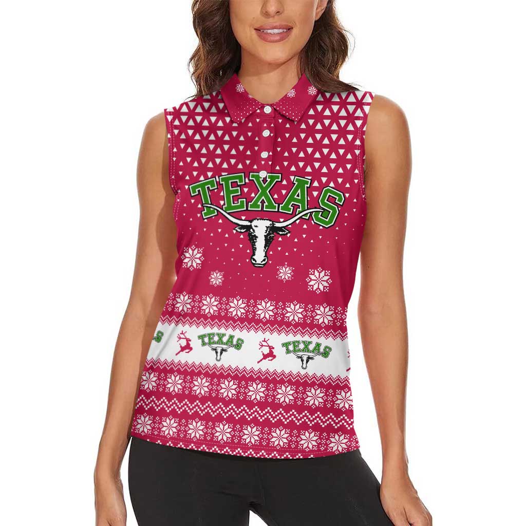 Texas Christmas Women Sleeveless Polo Shirt with Red and White Snowflake Pattern Longhorn Skull and Christmas Cactus Motif - Wonder Print Shop