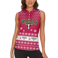 Texas Christmas Women Sleeveless Polo Shirt with Red and White Snowflake Pattern Longhorn Skull and Christmas Cactus Motif - Wonder Print Shop