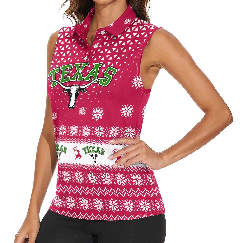 Texas Christmas Women Sleeveless Polo Shirt with Red and White Snowflake Pattern Longhorn Skull and Christmas Cactus Motif - Wonder Print Shop