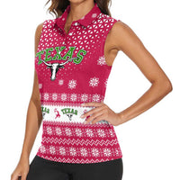 Texas Christmas Women Sleeveless Polo Shirt with Red and White Snowflake Pattern Longhorn Skull and Christmas Cactus Motif - Wonder Print Shop