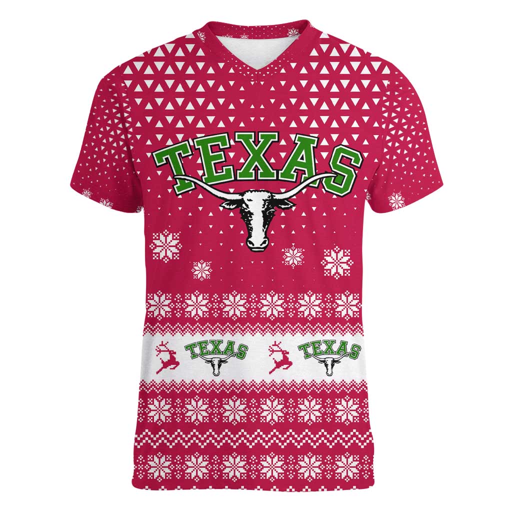 Texas Christmas Women V-Neck T-Shirt with Red and White Snowflake Pattern Longhorn Skull and Christmas Cactus Motif - Wonder Print Shop