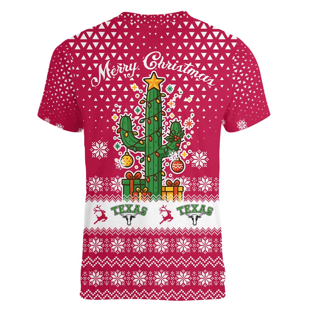 Texas Christmas Women V-Neck T-Shirt with Red and White Snowflake Pattern Longhorn Skull and Christmas Cactus Motif - Wonder Print Shop