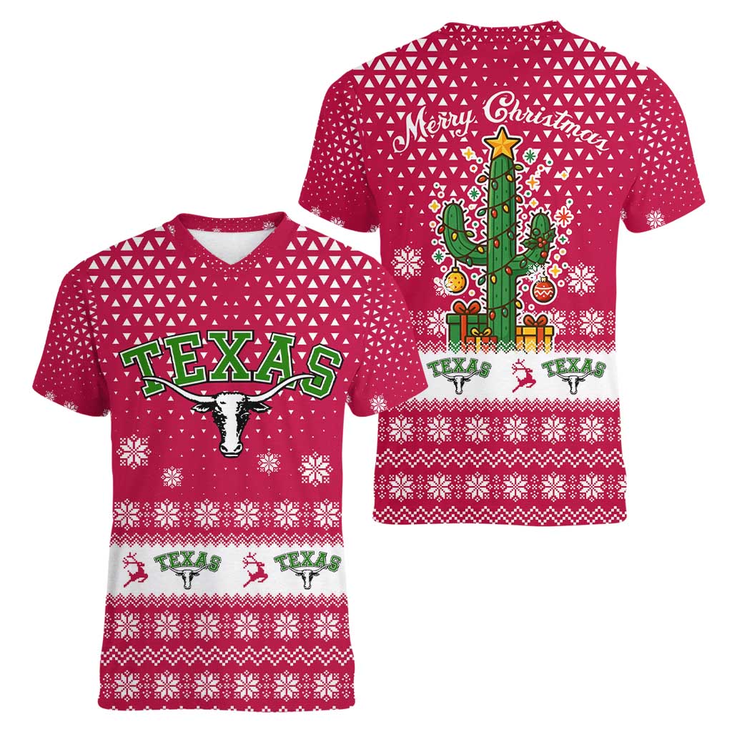 Texas Christmas Women V-Neck T-Shirt with Red and White Snowflake Pattern Longhorn Skull and Christmas Cactus Motif - Wonder Print Shop