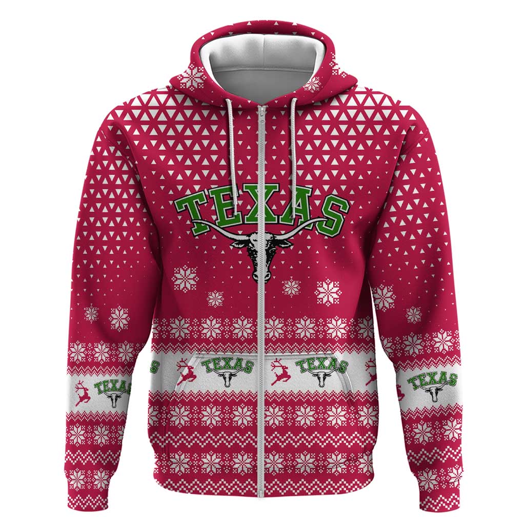 Texas Christmas Zip Hoodie with Red and White Snowflake Pattern Longhorn Skull and Christmas Cactus Motif - Wonder Print Shop