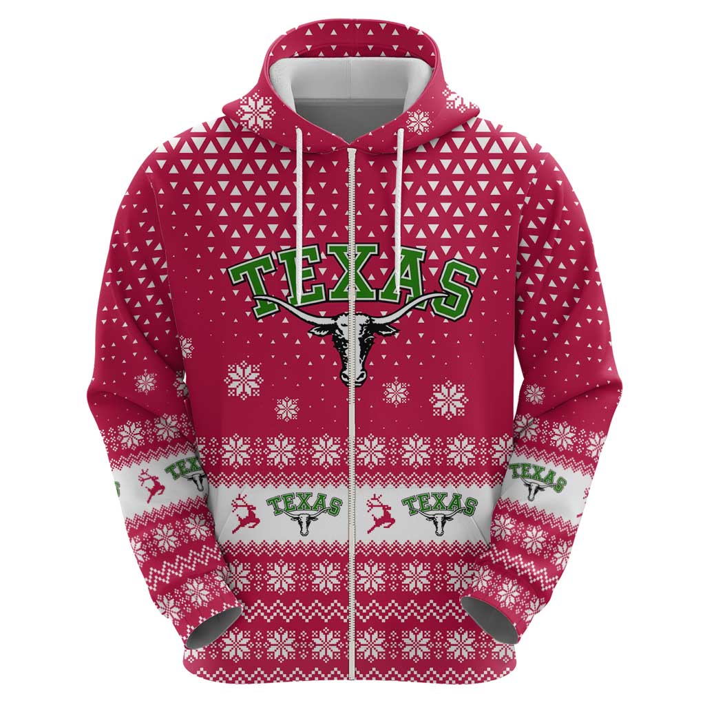 Texas Christmas Zip Hoodie with Red and White Snowflake Pattern Longhorn Skull and Christmas Cactus Motif - Wonder Print Shop