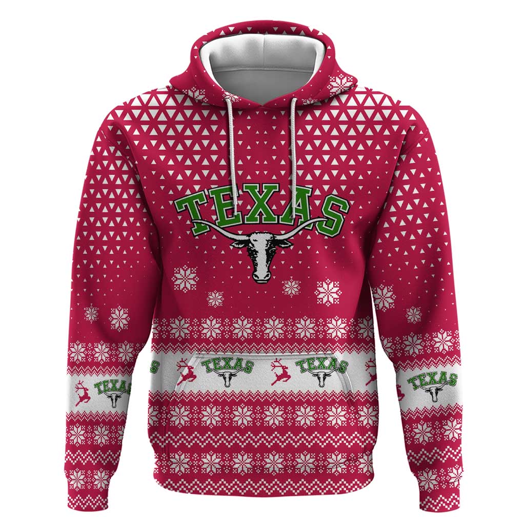 Texas Christmas Zip Hoodie with Red and White Snowflake Pattern Longhorn Skull and Christmas Cactus Motif - Wonder Print Shop