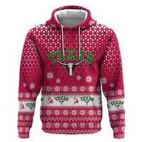 Texas Christmas Zip Hoodie with Red and White Snowflake Pattern Longhorn Skull and Christmas Cactus Motif - Wonder Print Shop