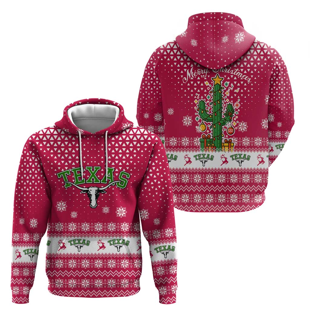 Texas Christmas Zip Hoodie with Red and White Snowflake Pattern Longhorn Skull and Christmas Cactus Motif - Wonder Print Shop
