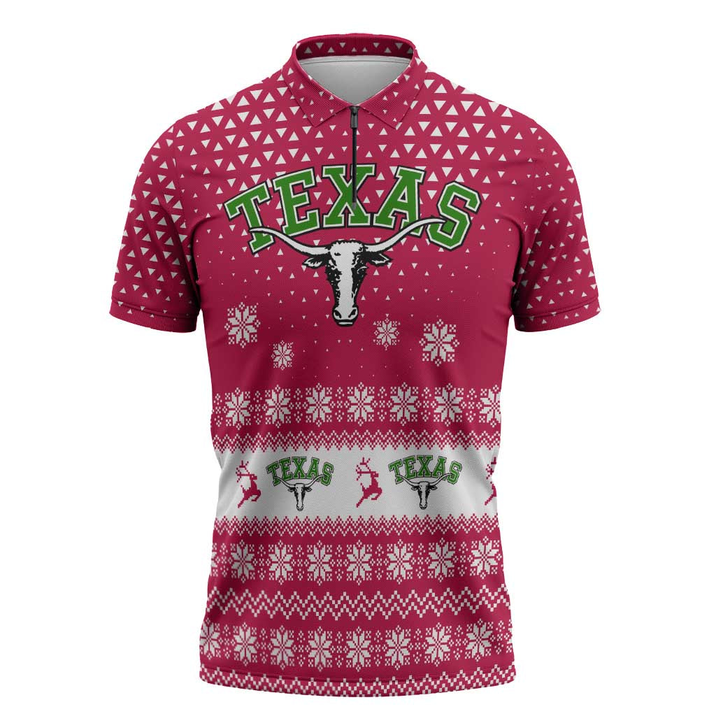 Texas Christmas Zipper Polo Shirt with Red and White Snowflake Pattern Longhorn Skull and Christmas Cactus Motif - Wonder Print Shop