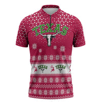 Texas Christmas Zipper Polo Shirt with Red and White Snowflake Pattern Longhorn Skull and Christmas Cactus Motif - Wonder Print Shop