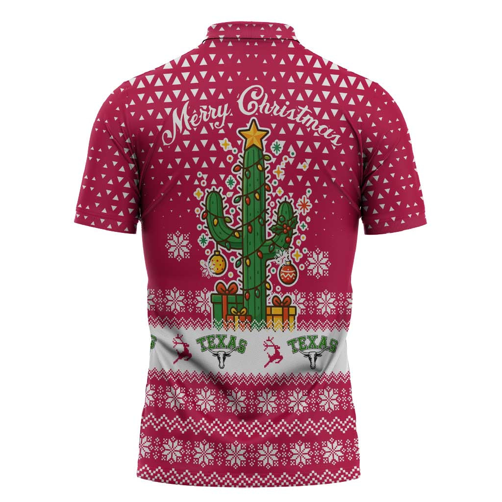 Texas Christmas Zipper Polo Shirt with Red and White Snowflake Pattern Longhorn Skull and Christmas Cactus Motif - Wonder Print Shop