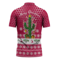 Texas Christmas Zipper Polo Shirt with Red and White Snowflake Pattern Longhorn Skull and Christmas Cactus Motif - Wonder Print Shop
