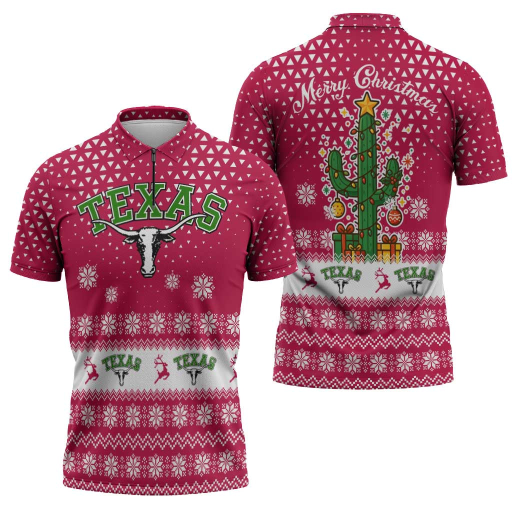 Texas Christmas Zipper Polo Shirt with Red and White Snowflake Pattern Longhorn Skull and Christmas Cactus Motif - Wonder Print Shop