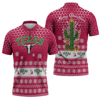 Texas Christmas Zipper Polo Shirt with Red and White Snowflake Pattern Longhorn Skull and Christmas Cactus Motif - Wonder Print Shop