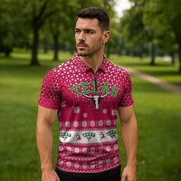 Texas Christmas Zipper Polo Shirt with Red and White Snowflake Pattern Longhorn Skull and Christmas Cactus Motif - Wonder Print Shop