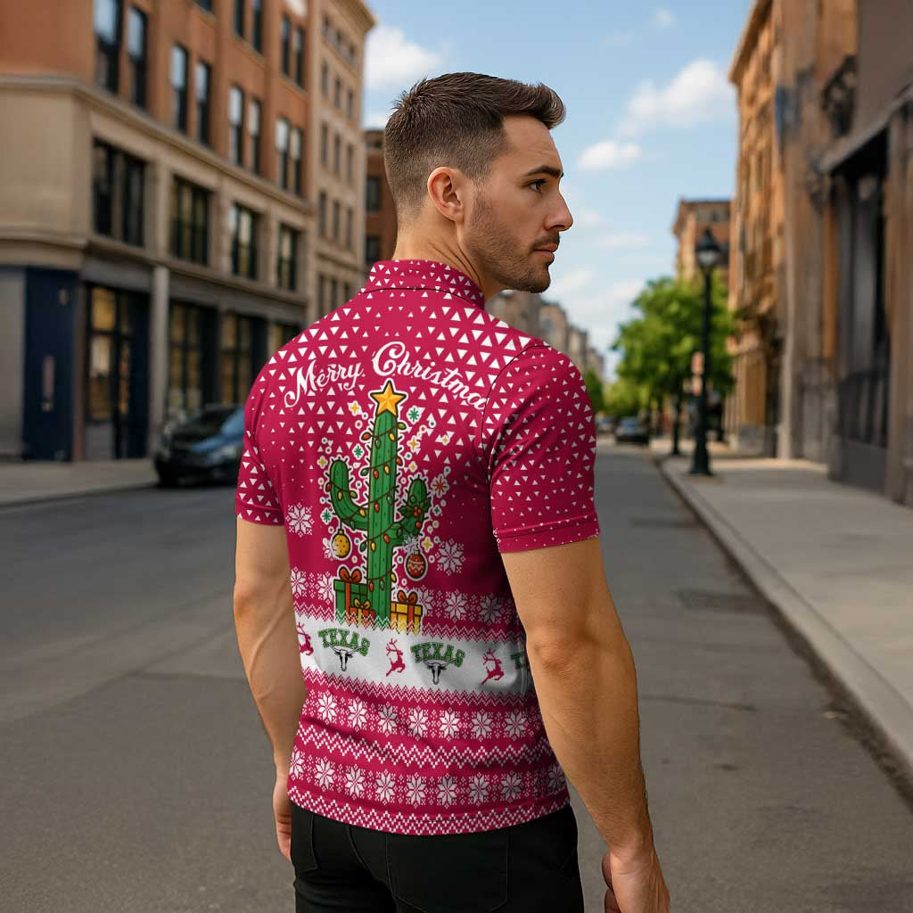 Texas Christmas Zipper Polo Shirt with Red and White Snowflake Pattern Longhorn Skull and Christmas Cactus Motif - Wonder Print Shop