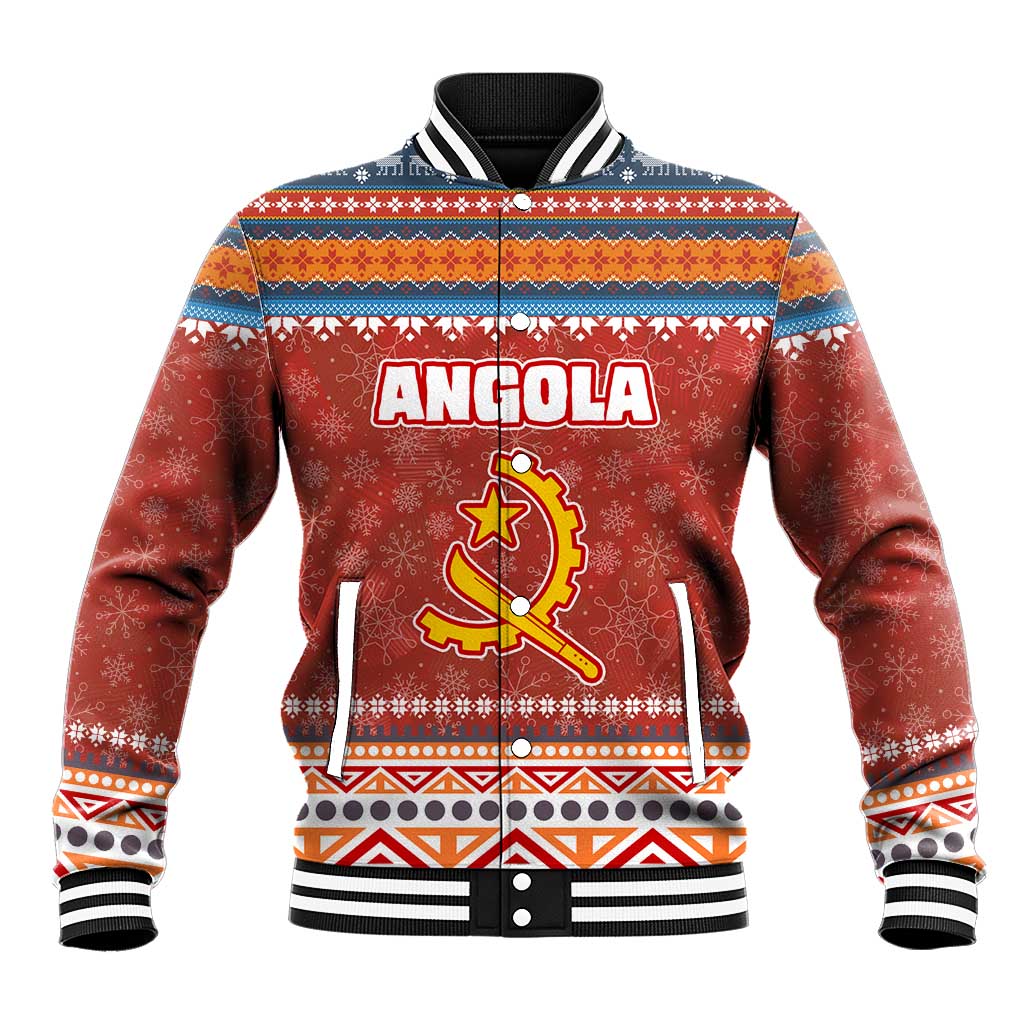 Angola Christmas Baseball Jacket with Red Snowflake Pattern Tribal Santa Claus Motif - Wonder Print Shop