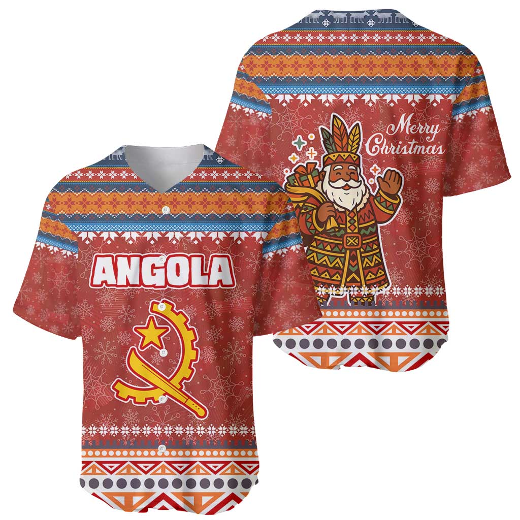 Angola Christmas Baseball Jersey with Red Snowflake Pattern Tribal Santa Claus Motif - Wonder Print Shop